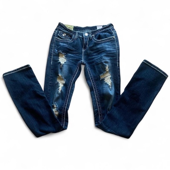 Vintage Y2K Blue Women's Low-Rise Skinny Jeans with White Stitching - Picture 5 of 8